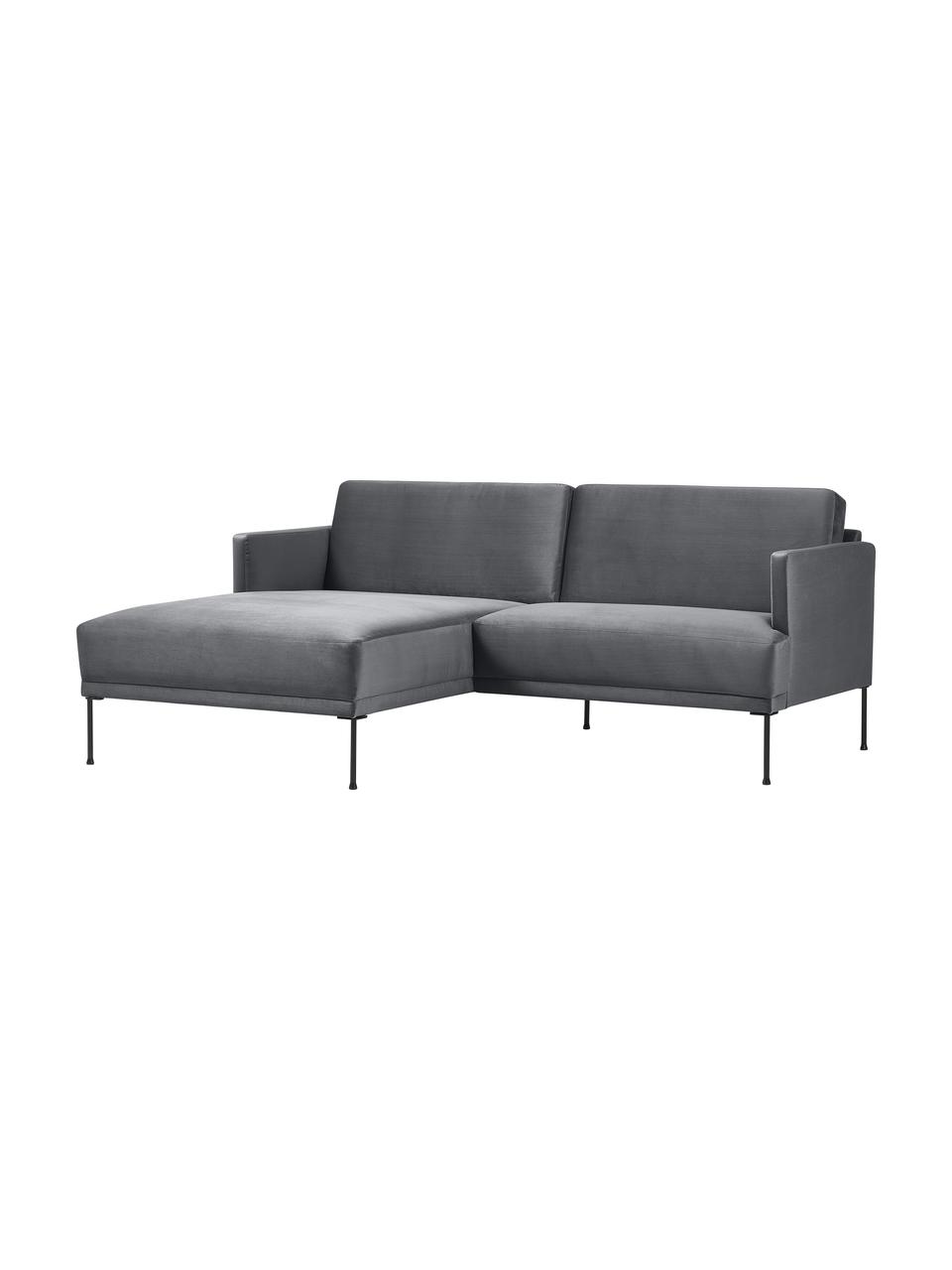 Petit canapé d'angle en velours et pieds en métal Fluente, Tissu gris foncé, larg. 198 x prof. 152 cm, méridienne à gauche