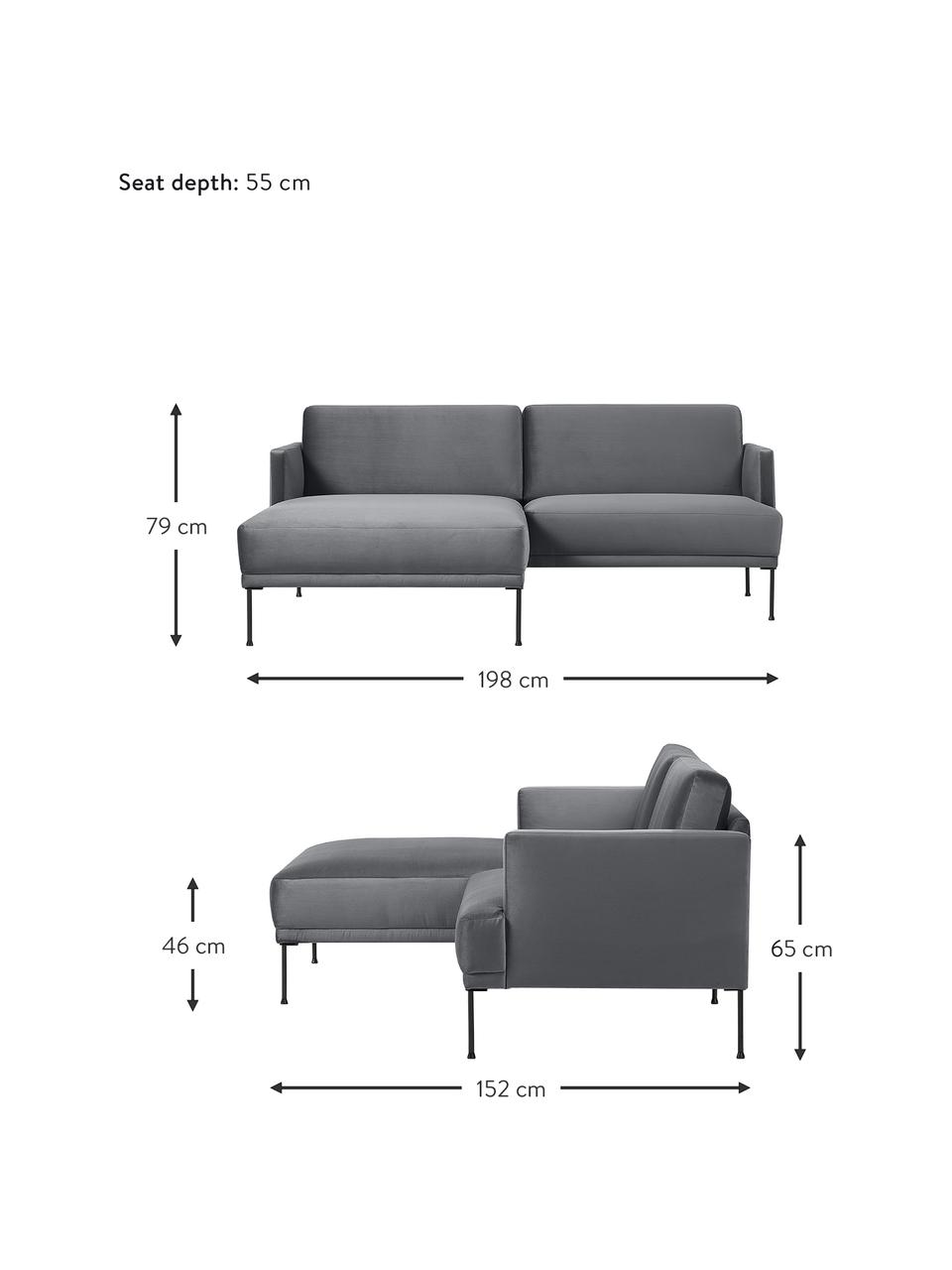 Kleine fluwelen hoekbank Fluente met metalen poten, Bekleding: fluweel (100% polyester) , Frame: massief grenen, FSC-gecer, Poten: metaal, gepoedercoat, Fluweel donkergrijs, B 198 x D 152 cm, hoekdeel links