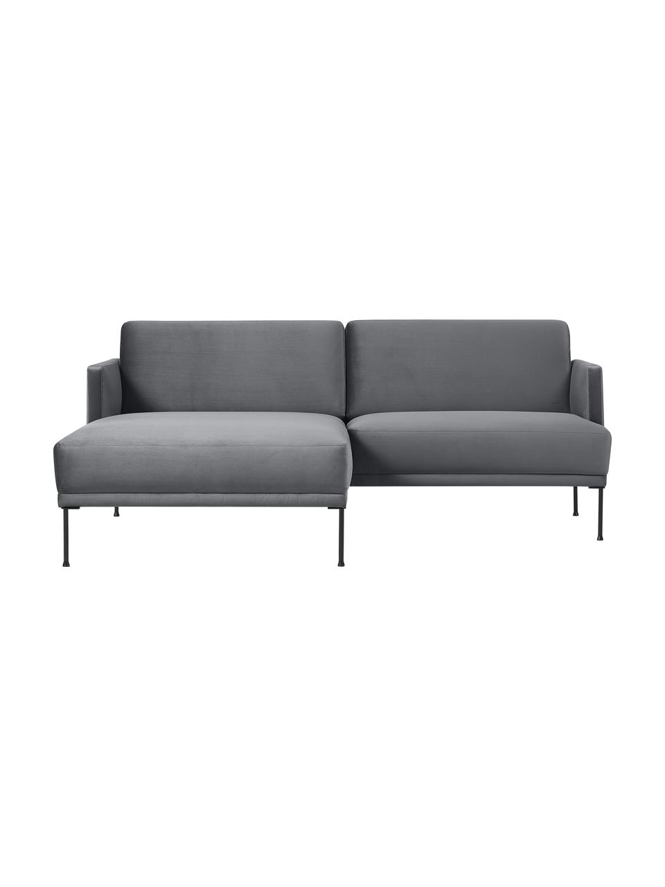 Divanetto angolare in velluto con piedini in metallo Fluente, Rivestimento: velluto (100% poliestere), Struttura: legno di pino massiccio, , Piedini: metallo verniciato a polv, Velluto grigio scuro, Larg. 198 x Prof. 152 cm, chaise-longue a sinistra