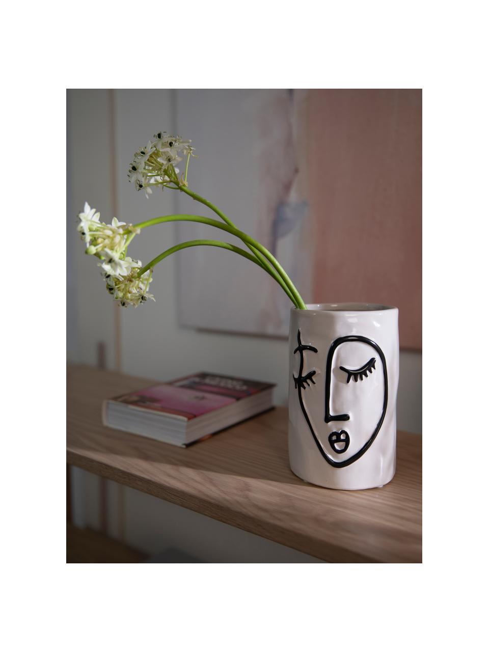 Kleine plantenpot Face van keramiek, Keramiek, Gebroken wit, zwart, Ø 11 x H 18 cm