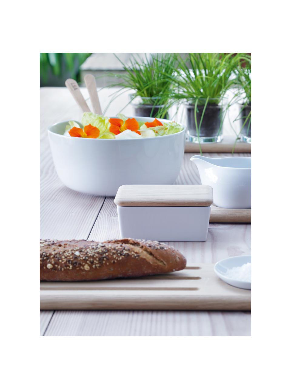 Porzellan Salatschüssel Dine mit Salatbesteck, Schüssel: Porzellan, Besteck: Eichenholz, Weiß, Helles Holz, Ø 24 x H 11 cm