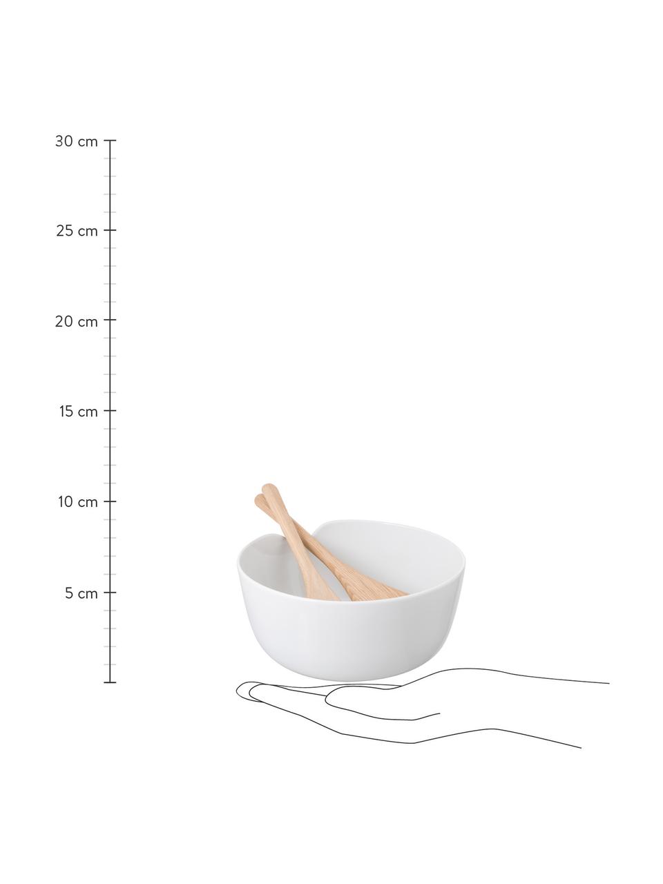 Komplet do sałatek z porcelany Dine, 3 elem., Biały, drewno dębowe, Ø 24 x W 11 cm