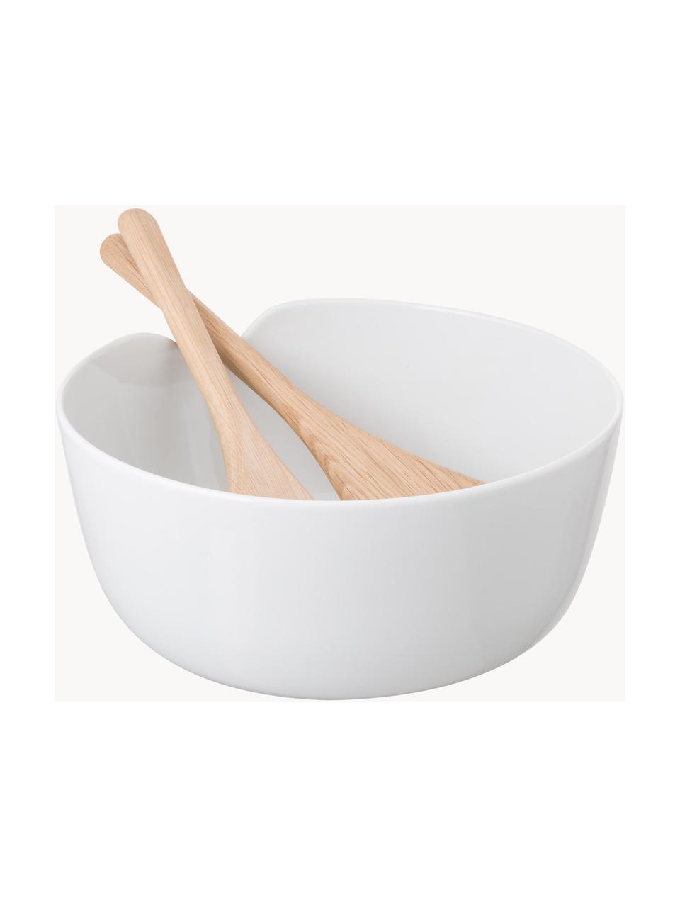 Set de ensalada de pocelana Dine, 3 pzas., Blanco, madera de roble, Ø 24 x Al 11cm