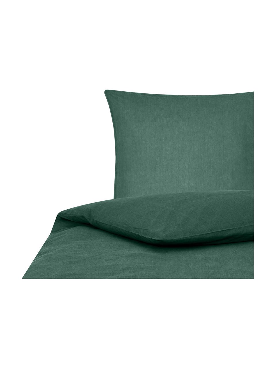 Pościel z bawełny z efektem sprania Arlene, Ciemny zielony, 135 x 200 cm + 1 poduszka 80 x 80 cm