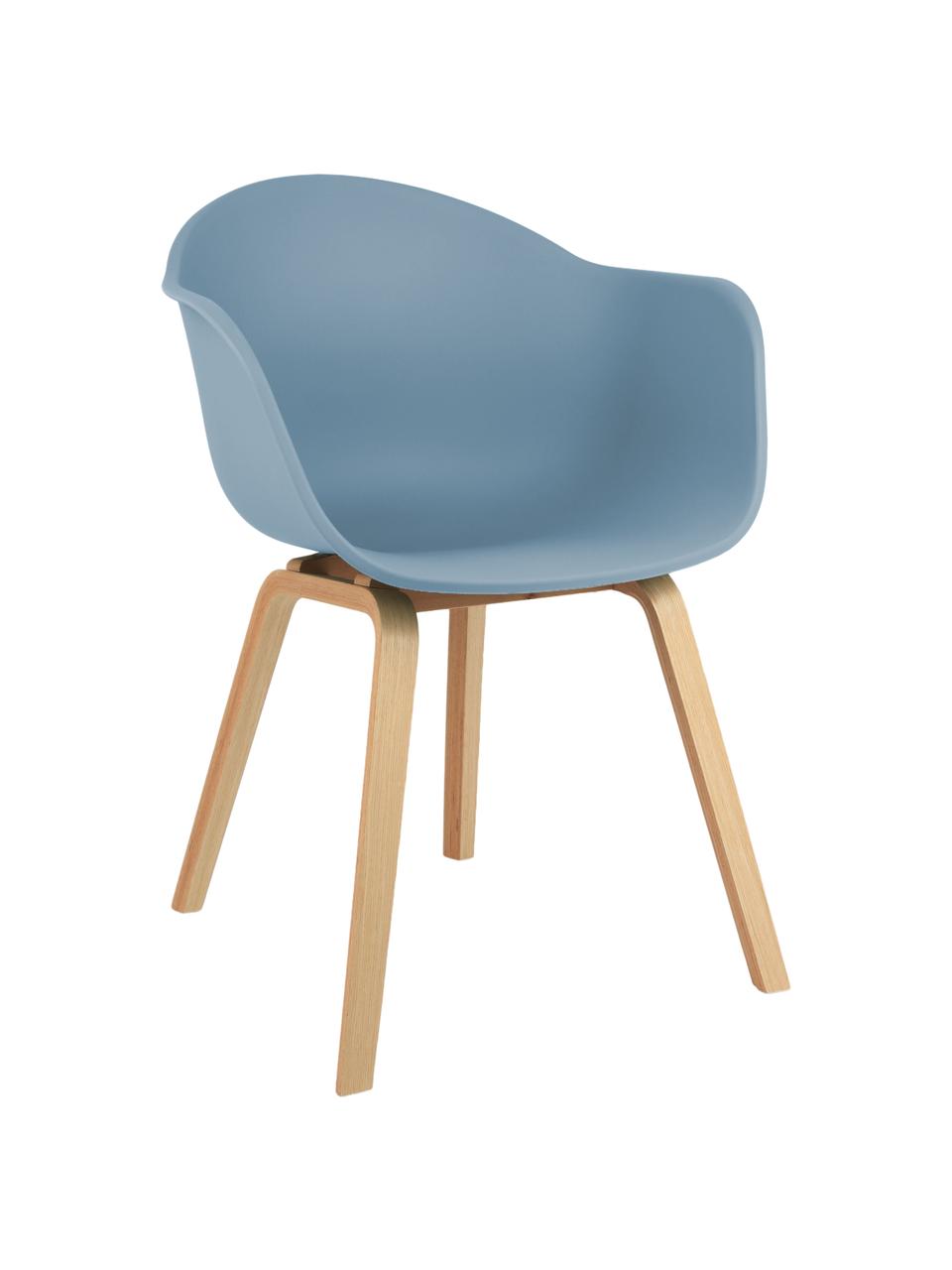 Chaise à accoudoirs en plastique avec pieds en bois Claire, Coque : bleu Pieds : bois de hêtre