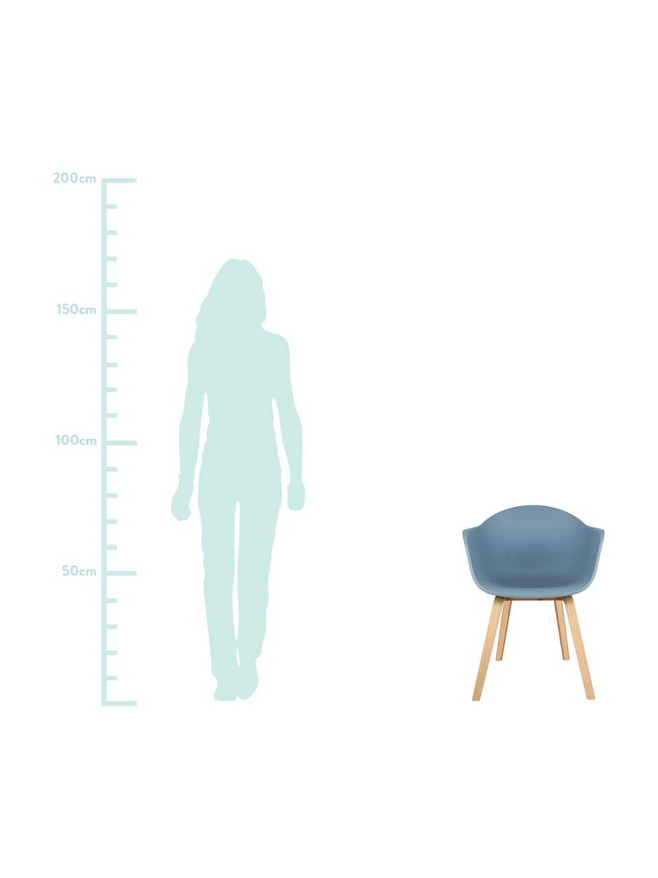 Chaise à accoudoirs en plastique avec pieds en bois Claire, Coque : bleu Pieds : bois de hêtre