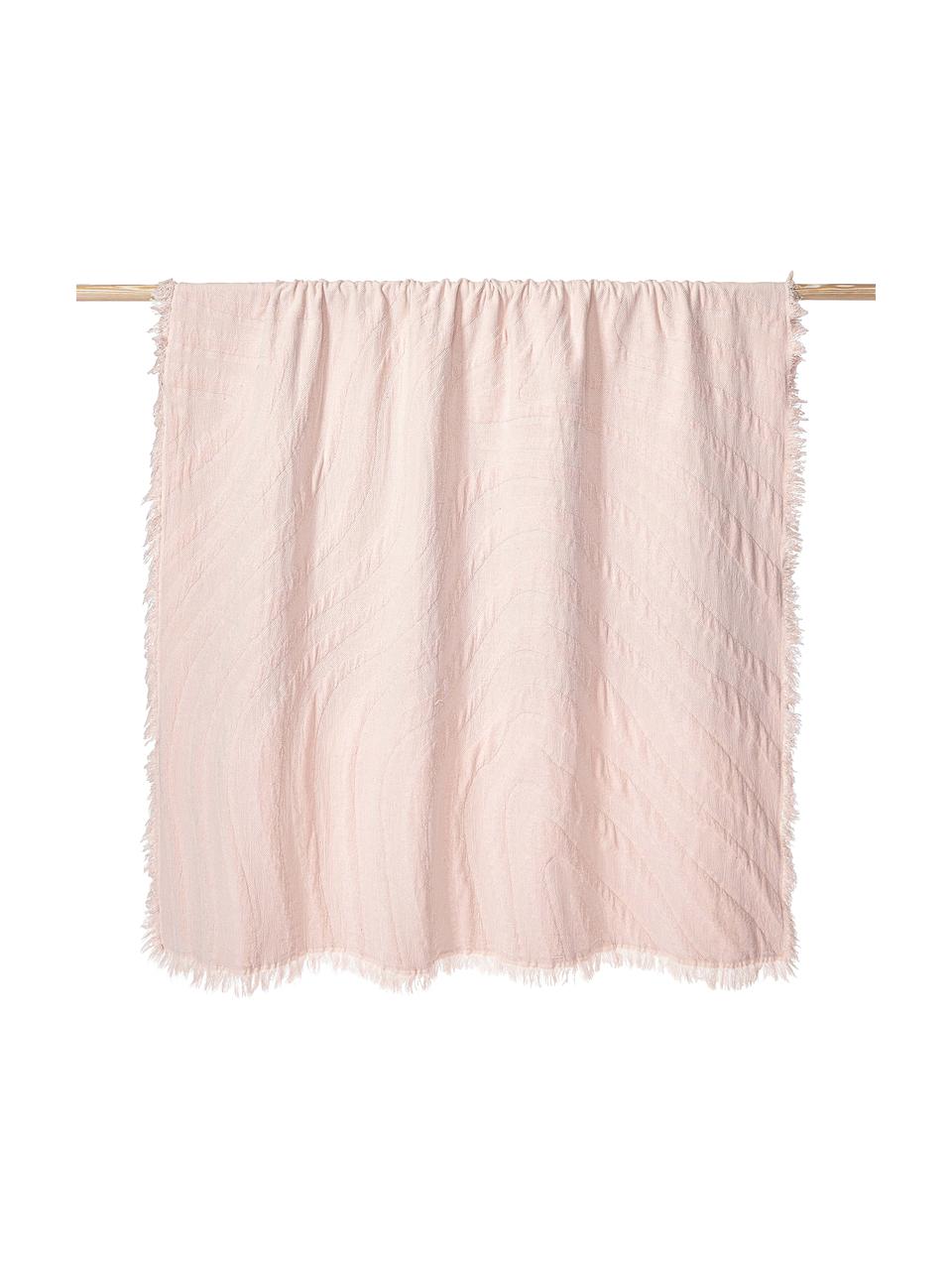 Koc z bawełny z frędzlami Wavery, 100% bawełna, Jasny różowy, S 130 x D 170 cm