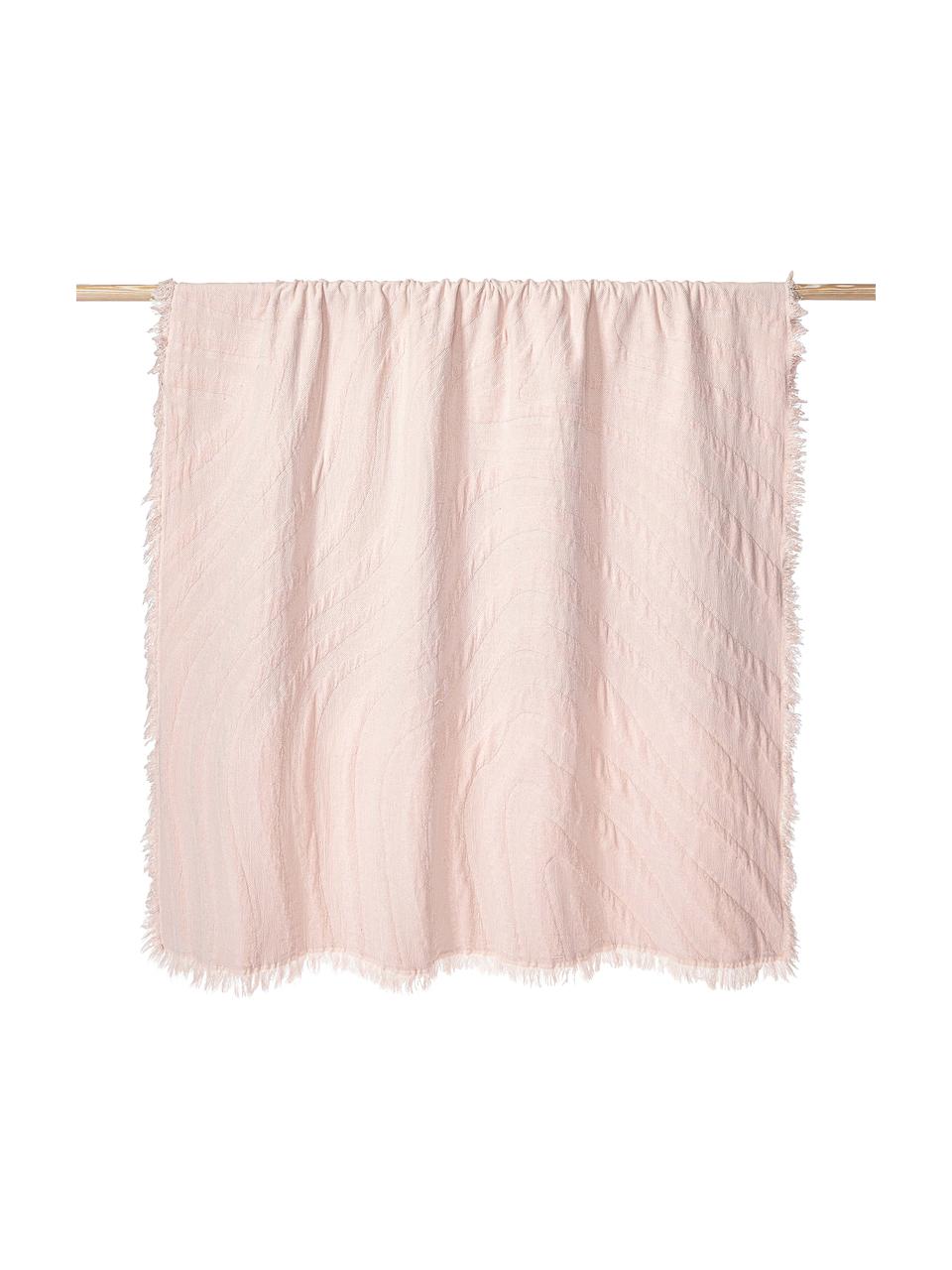 Strukturierte Baumwoll-Decke Wavery mit Fransen, 100 % Baumwolle, Hellrosa, B 130 x L 170 cm