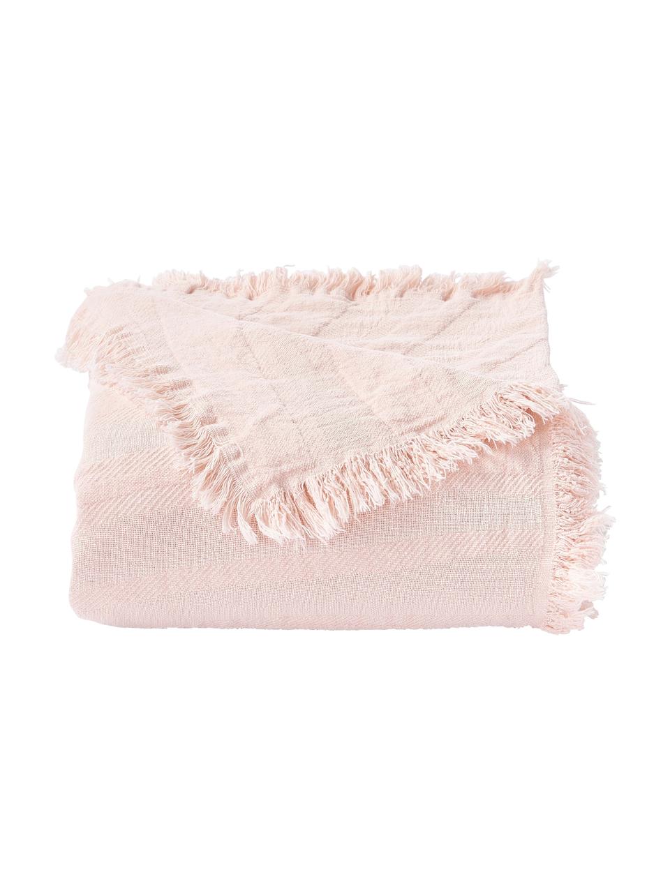 Manta de agodón texturizado con flecos Wavery, 100% algodón, Rosa pálido, An 130 x L 170 cm