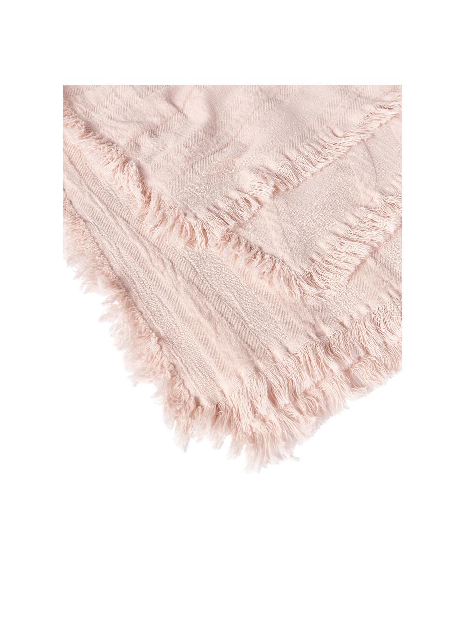 Plaid en coton texturé à franges Wavery, 100 % coton, Rose pâle, larg. 130 x long. 170 cm
