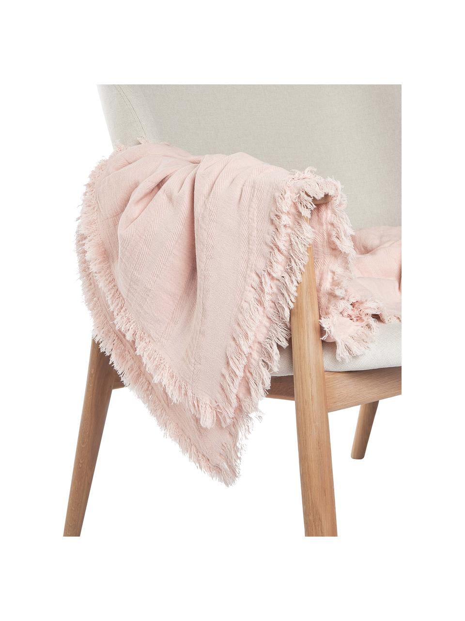 Strukturierte Baumwoll-Decke Wavery mit Fransen, 100 % Baumwolle, Hellrosa, B 130 x L 170 cm