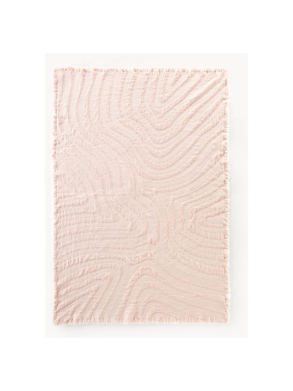 Plaid en coton texturé à franges Wavery, 100 % coton, Rose pâle, larg. 130 x long. 170 cm