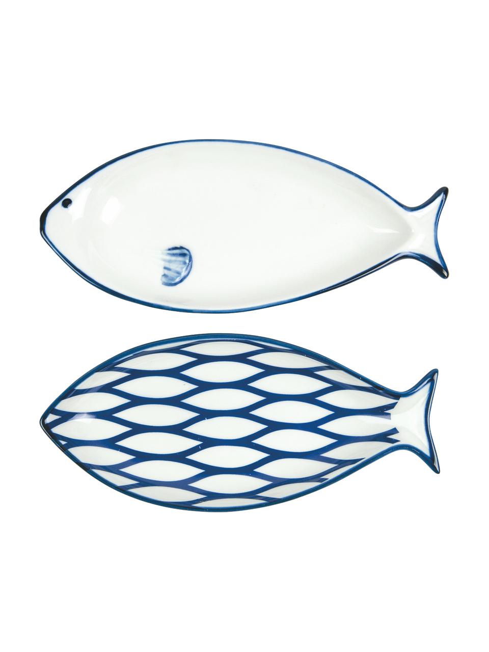 Servierplatten Fish aus Porzellan in Blau/Weiss, L 18 x 8 cm, 2-er-Set, Porzellan, Weiss, Blau, L 18 x B 8 cm