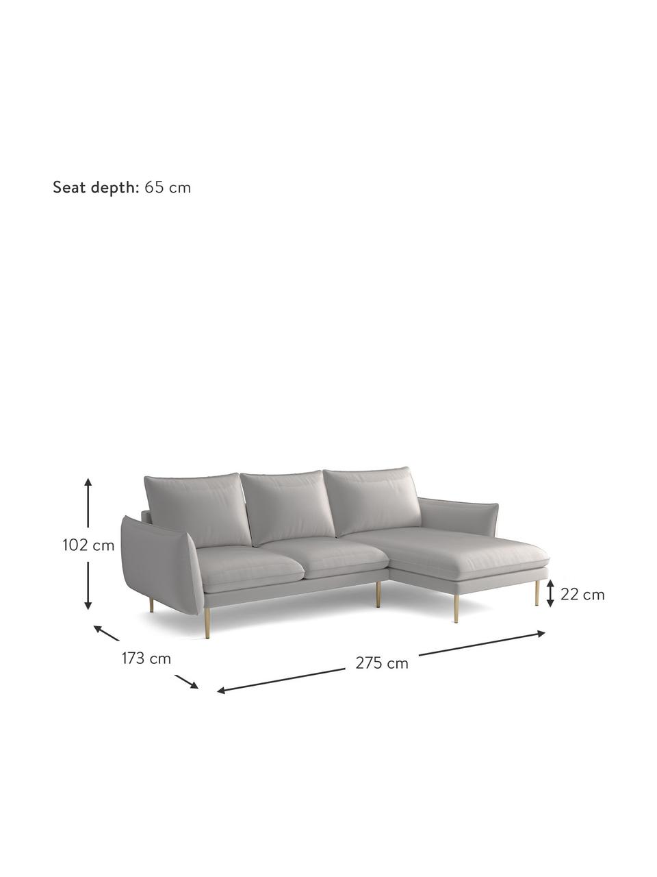 Divano angolare 3 posti in tessuto grigio chiaro Largo, Rivestimento: velluto (100% poliestere), Struttura: legno di faggio, truciola, Piedini: metallo verniciato a polv, Tessuto grigio chiaro, Larg. 275 x Prof. 170 cm