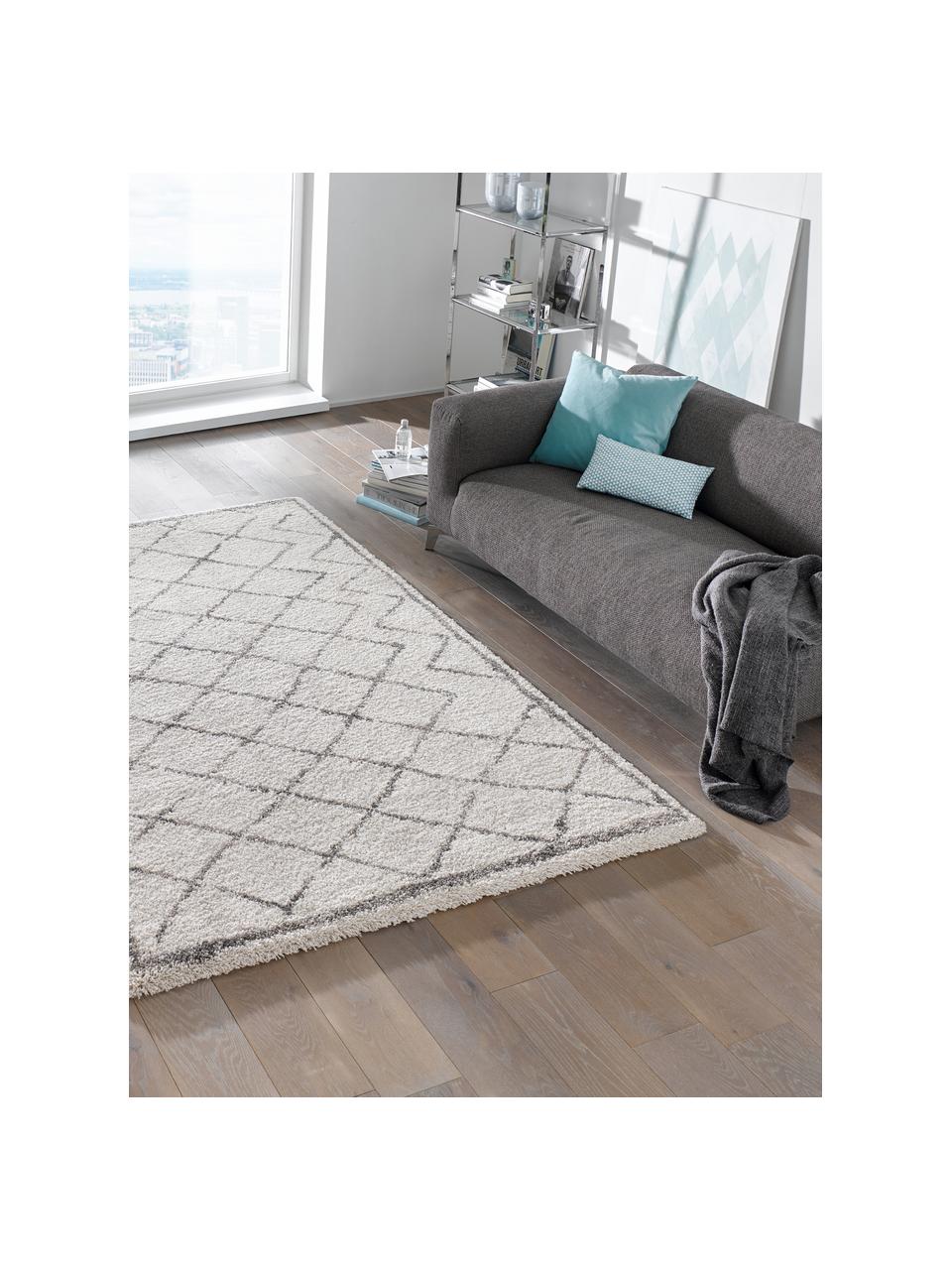 Hoogpolig vloerkleed Luna Diamond met ruitjesmotief, grijs/crèmekleur, Bovenzijde: 100% polypropyleen, Onderzijde: jute, Crèmekleurig, grijs, B 120 x L 170 cm (maat S)