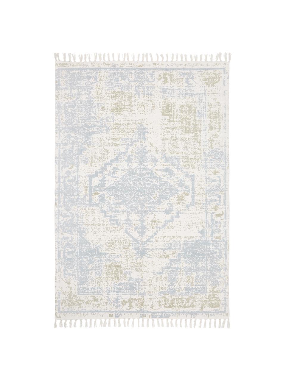 Tappeto vintage sottile in cotone beige/blu tessuto a mano Jasmine, Beige, blu, Larg. 70 x Lung. 140 cm (taglia XS)