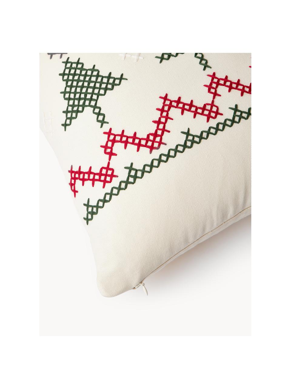 Bestickte Kissenhülle Rebeca mit weihnachtlichem Muster, 100 % Baumwolle, Off White, Rot, Grün, B 45 x L 45 cm