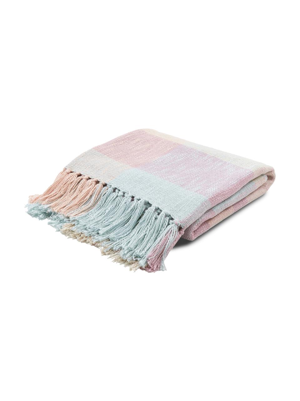 Coperta in cotone a quadri con frange in tonalità pastello Karen, 100% cotone, Rosa, ambrato, azzurro, Larg. 130 x Lung. 170 cm