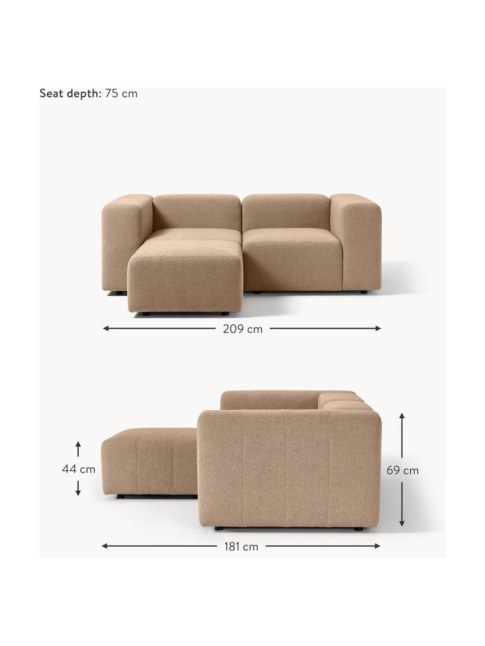 Modulares Bouclé-Sofa Lena (3-Sitzer) mit Hocker, Bezug: Bouclé (93 % Polyester, 6, Gestell: Kiefernholz, Schichtholz,, Füße: Kunststoff, Bouclé Hellbraun, B 209 x T 181 cm