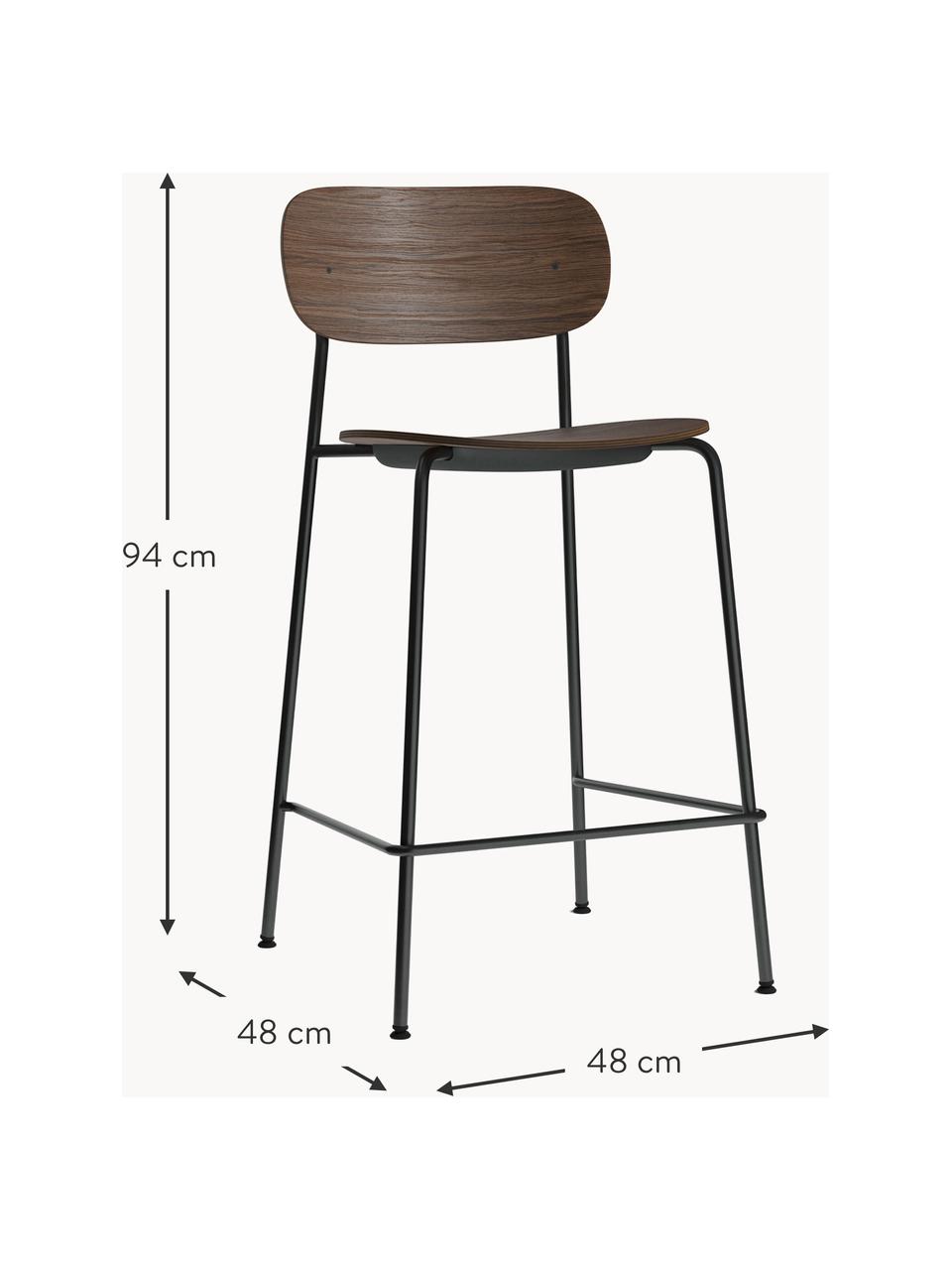 Barstuhl Co aus Metall und Holz, Gestell: Stahl, pulverbeschichtet, Dunkles Eichenholz, Schwarz, B 48 x H 94 cm