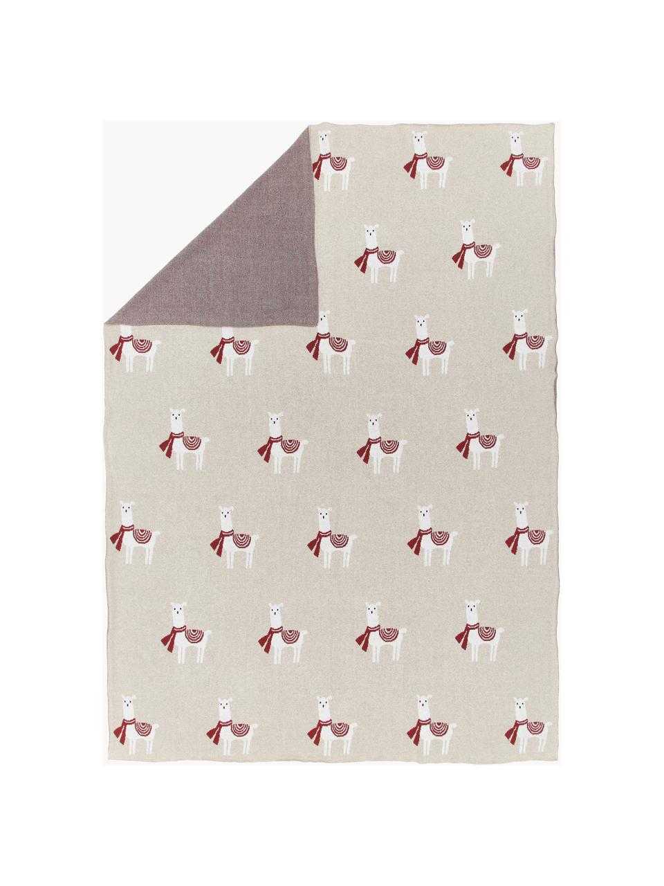 Pletený bavlněný pléd Alpaka, 100 % bavlna, Béžová, červená, bílá, Š 130 cm, D 170 cm