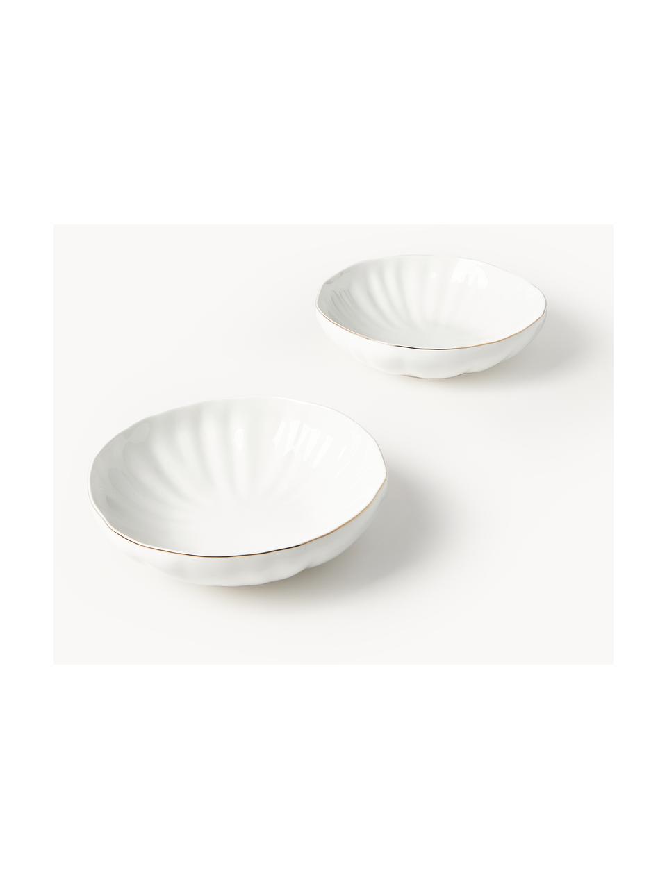 Assiettes creuses en porcelaine Sali, 2 pièces, Porcelaine, émaillée, Blanc avec bordure dorée, Ø 21 cm