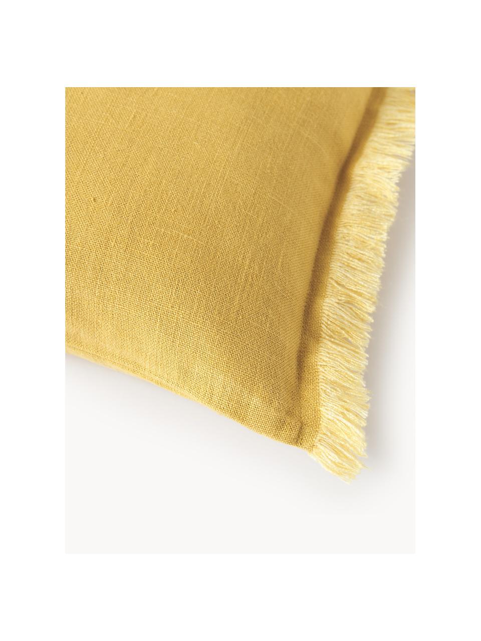 Funda de cojín de lino con flecos Luana, 100% lino

Por naturaleza, el lino tiene un tacto bastante aspero y un aspecto arrugado natural
La alta resistencia al desgarro hace que el lino sea muy resistente., Amarillo sol, An 40 x L 40 cm