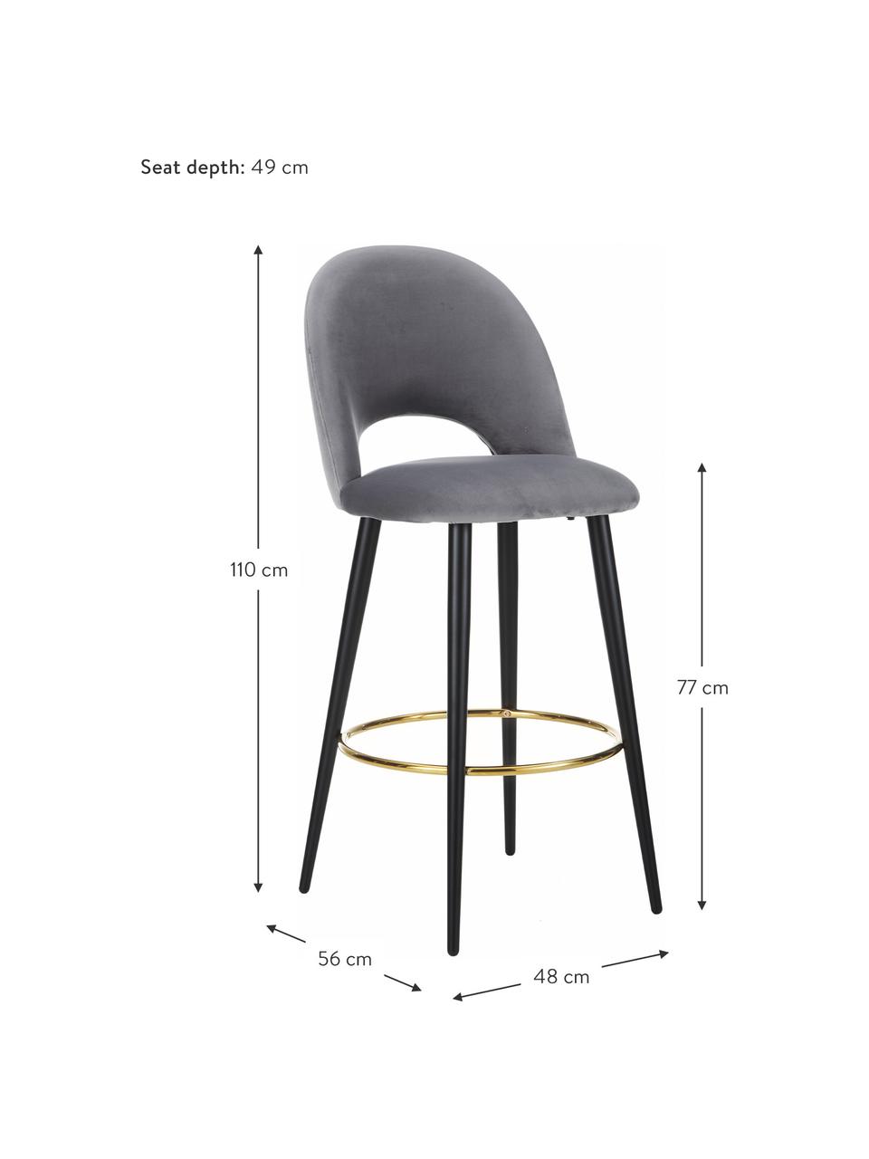 Samt-Barstuhl Rachel in Stahlgrau, Bezug: Samt (Hochwertiger Polyes, Beine: Metall, pulverbeschichtet, Samt Stahlgrau, B 48 x H 110 cm