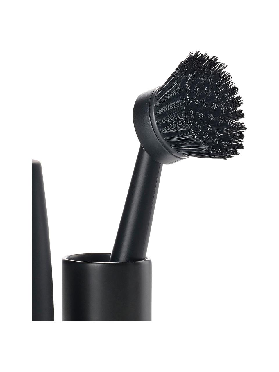 Distributeur de détergent avec brosse à vaisselle Plain, 3 élém., Céramique, plastique (ABS), silicone, Noir, larg. 15 x prof. 8 cm