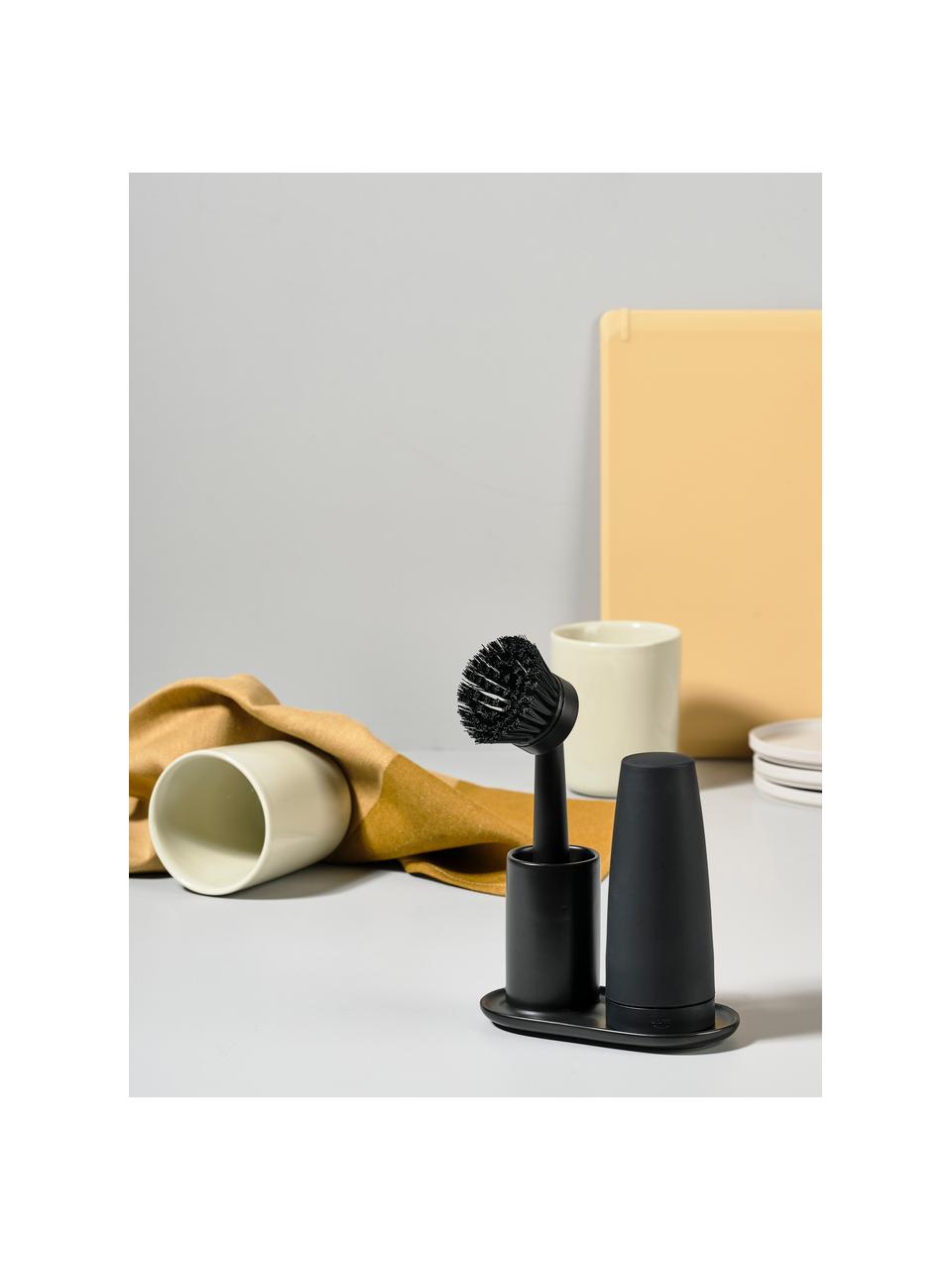 Spülmittelspender Plain mit Spülbürste, 3er-Set, Keramik, Kunststoff (ABS), Silikon, Schwarz, B 15 x T 8 cm