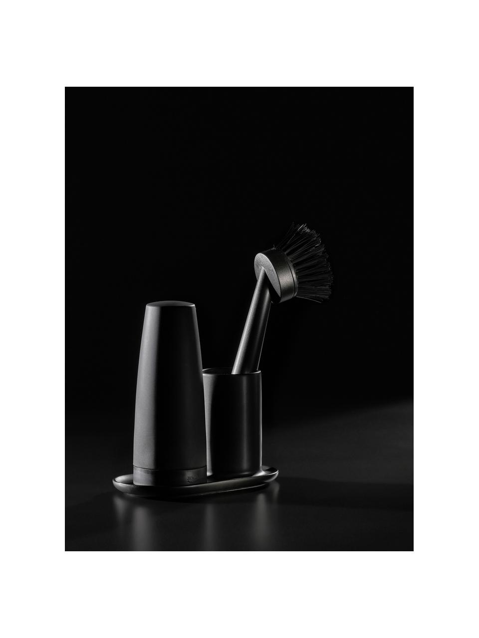 Distributeur de détergent avec brosse à vaisselle Plain, 3 élém., Céramique, plastique (ABS), silicone, Noir, larg. 15 x prof. 8 cm