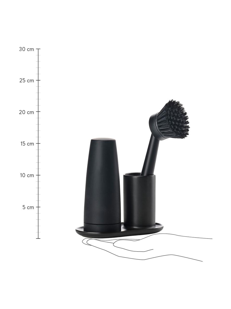 Distributeur de détergent avec brosse à vaisselle Plain, 3 élém., Céramique, plastique (ABS), silicone, Noir, larg. 15 x prof. 8 cm