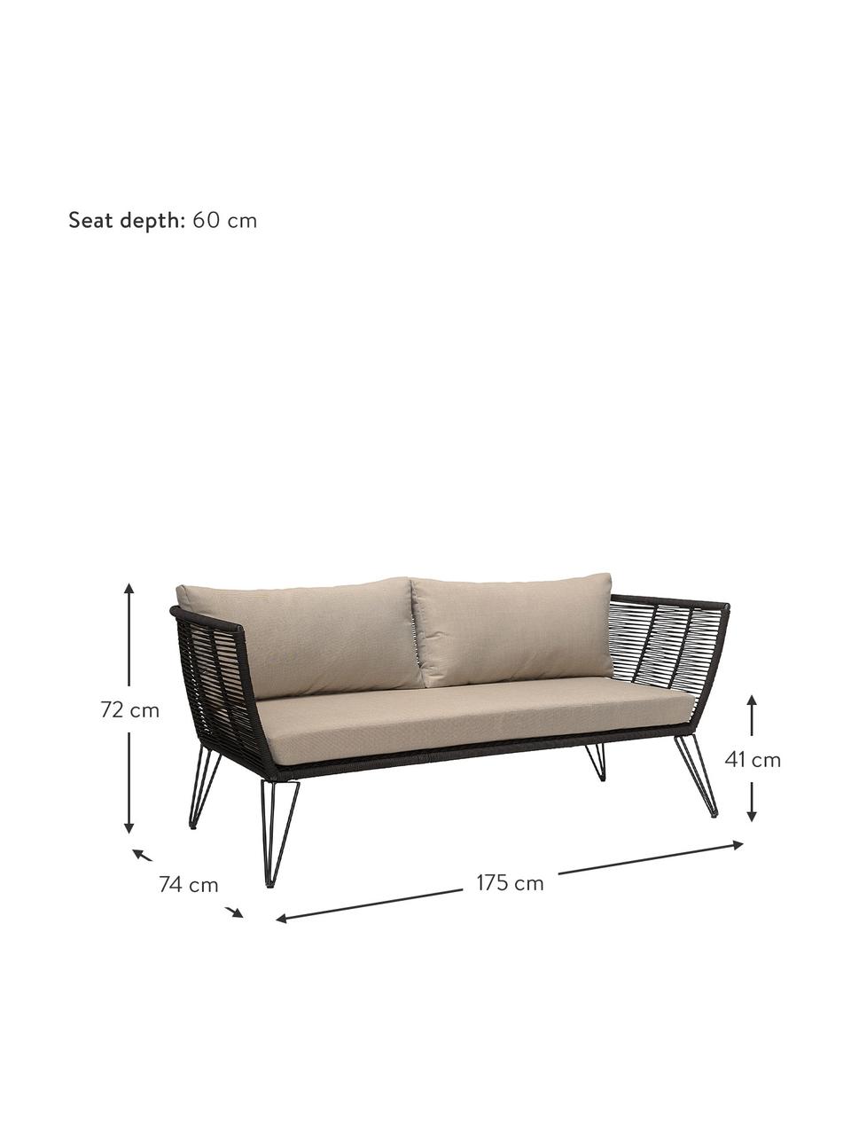 Garten-Loungesofa Mundo mit Kunststoff-Geflecht (2-Sitzer), Gestell: Metall, pulverbeschichtet, Sitzfläche: Polyethylen, Bezug: Polyester, Schwarz, Beige, B 175 x T 74 cm