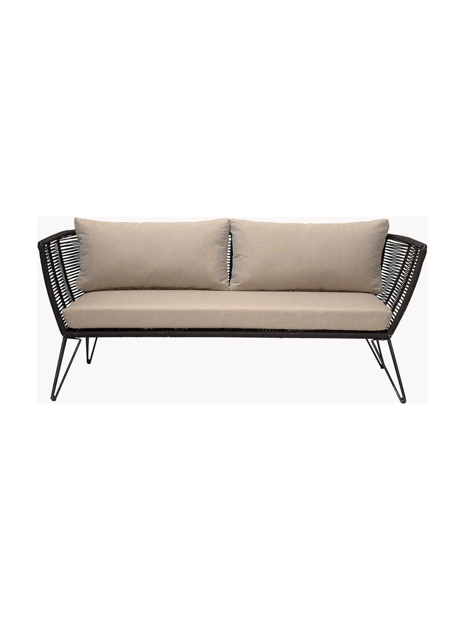 Garten-Loungesofa Mundo mit Kunststoff-Geflecht (2-Sitzer), Gestell: Metall, pulverbeschichtet, Sitzfläche: Polyethylen, Bezug: Polyester, Webstoff Hellbeige, Schwarz, B 175 x T 74 cm