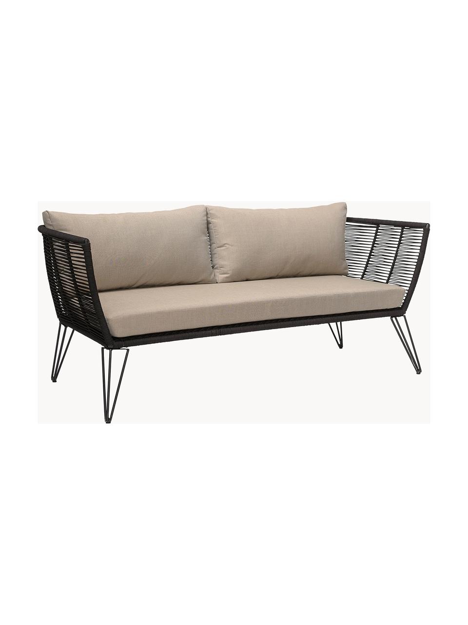 Garten-Loungesofa Mundo mit Kunststoff-Geflecht (2-Sitzer), Gestell: Metall, pulverbeschichtet, Sitzfläche: Polyethylen, Bezug: Polyester, Webstoff Hellbeige, Schwarz, B 175 x T 74 cm