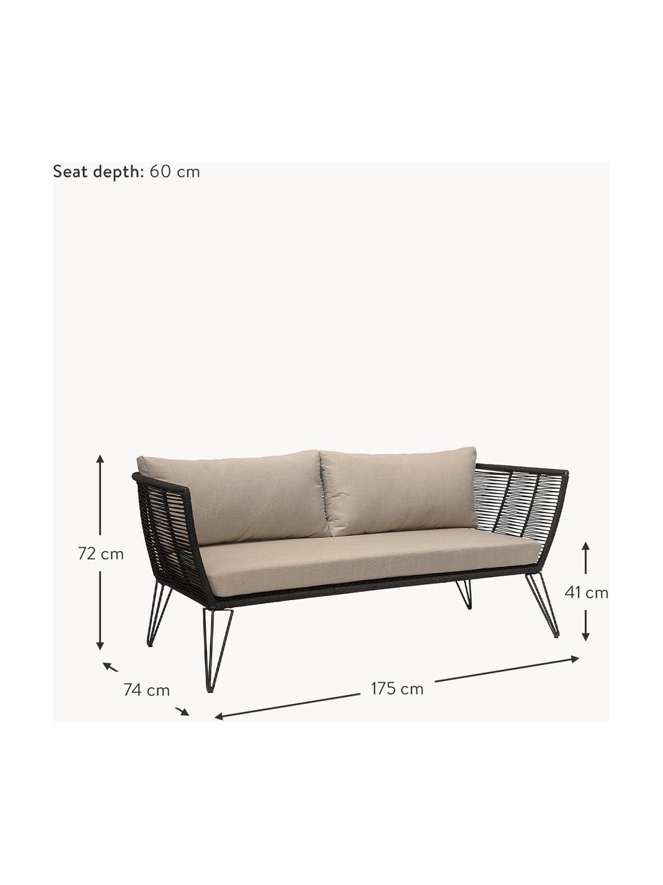 Garten-Loungesofa Mundo mit Kunststoff-Geflecht (2-Sitzer), Gestell: Metall, pulverbeschichtet, Sitzfläche: Polyethylen, Bezug: Polyester, Webstoff Hellbeige, Schwarz, B 175 x T 74 cm