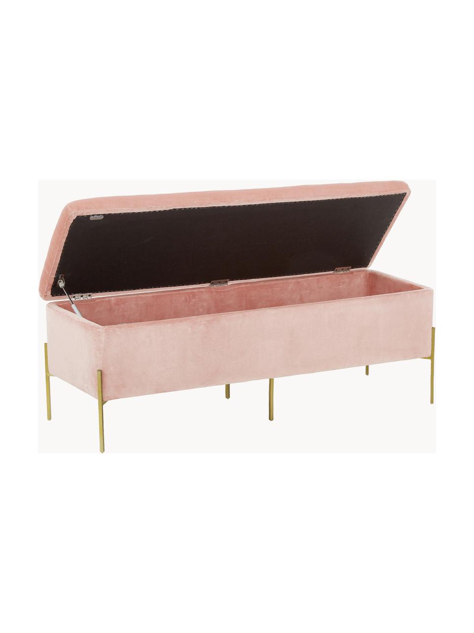 Banc coffre en velours Harper, Velours rose, couleur dorée, larg. 140 x haut. 45 cm