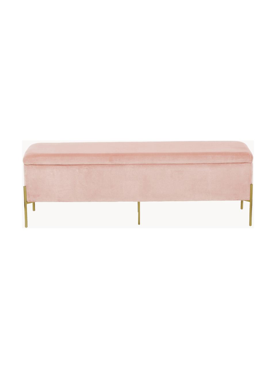 Banc coffre en velours Harper, Velours rose, couleur dorée, larg. 140 x haut. 45 cm