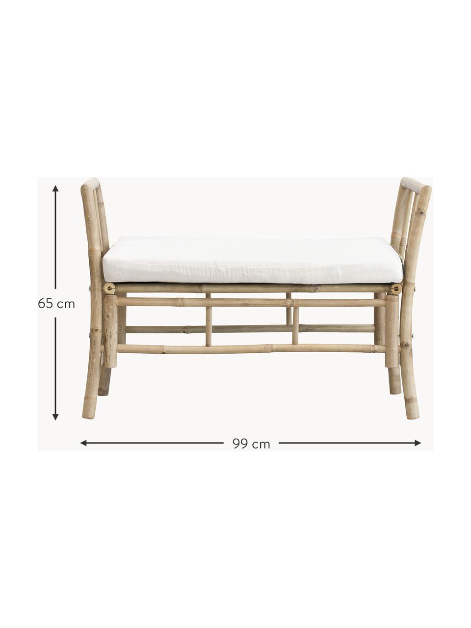 Banco de bambú para exterior con cojín de asiento Mandisa, Estructura: madera de bambú, Funda: lona, Tejido blanco crema, beige, An 99 x Al 65 cm
