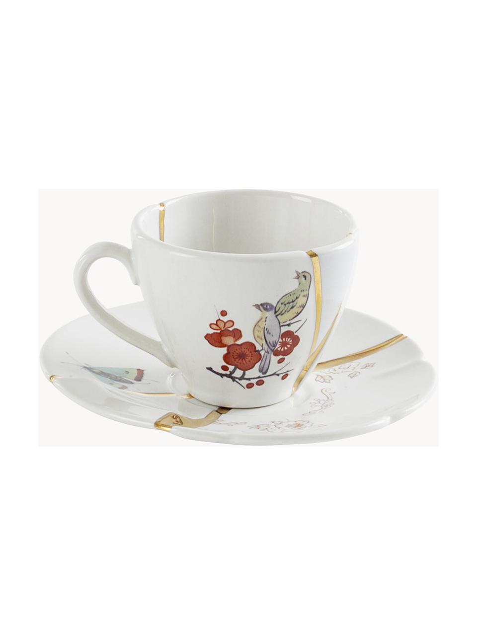 Designový porcelánový šálek na espresso s podšálkem Kintsugi, Bílá, zlatá, Ø 6 cm, V 5 cm, 75 ml