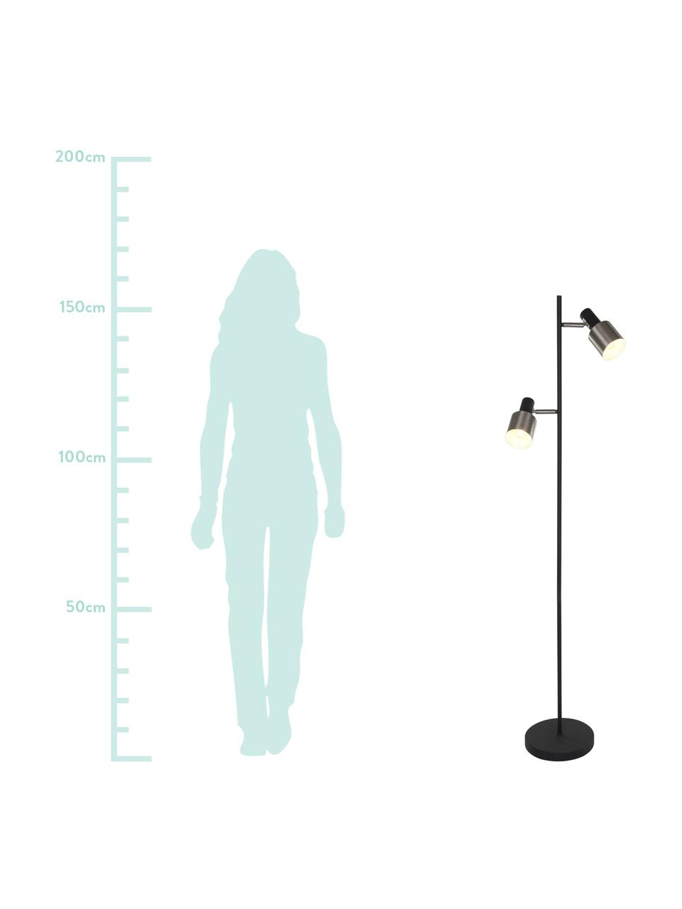 Leeslamp Fjorgard van metaal, Lampenkap: gelakt metaal, Lampvoet: gelakt metaal, Zwart, mat zilverkleurig, Ø 30 x H 155 cm