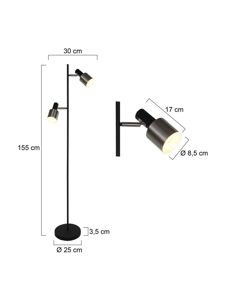 Leeslamp Fjorgard van metaal, Lampenkap: gelakt metaal, Lampvoet: gelakt metaal, Zwart, mat zilverkleurig, Ø 30 x H 155 cm