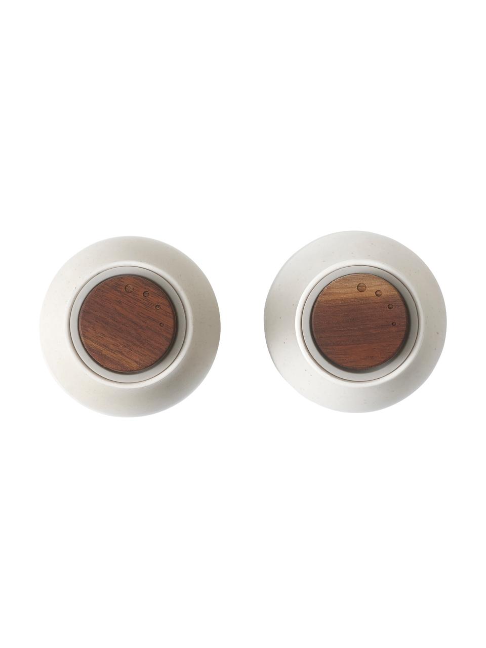 Salero y pimentero de diseño Bottle Grinder, 2 uds., Estructura: cerámica, Grinder: cerámica, Interior: plástico, Greige, blanco, madera de nogal, Ø 8 x Al 21 cm