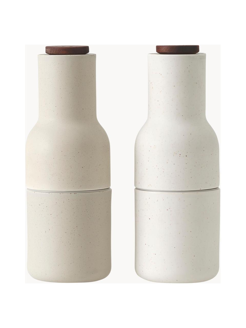 Designer zout- en pepermolen van keramiek Bottle Grinder met walnootdeksel, set van 2, Frame: keramiek, Deksel: walnootkleurig, Lichtbeige, wit, donker hout, Ø 8 x H 21 cm