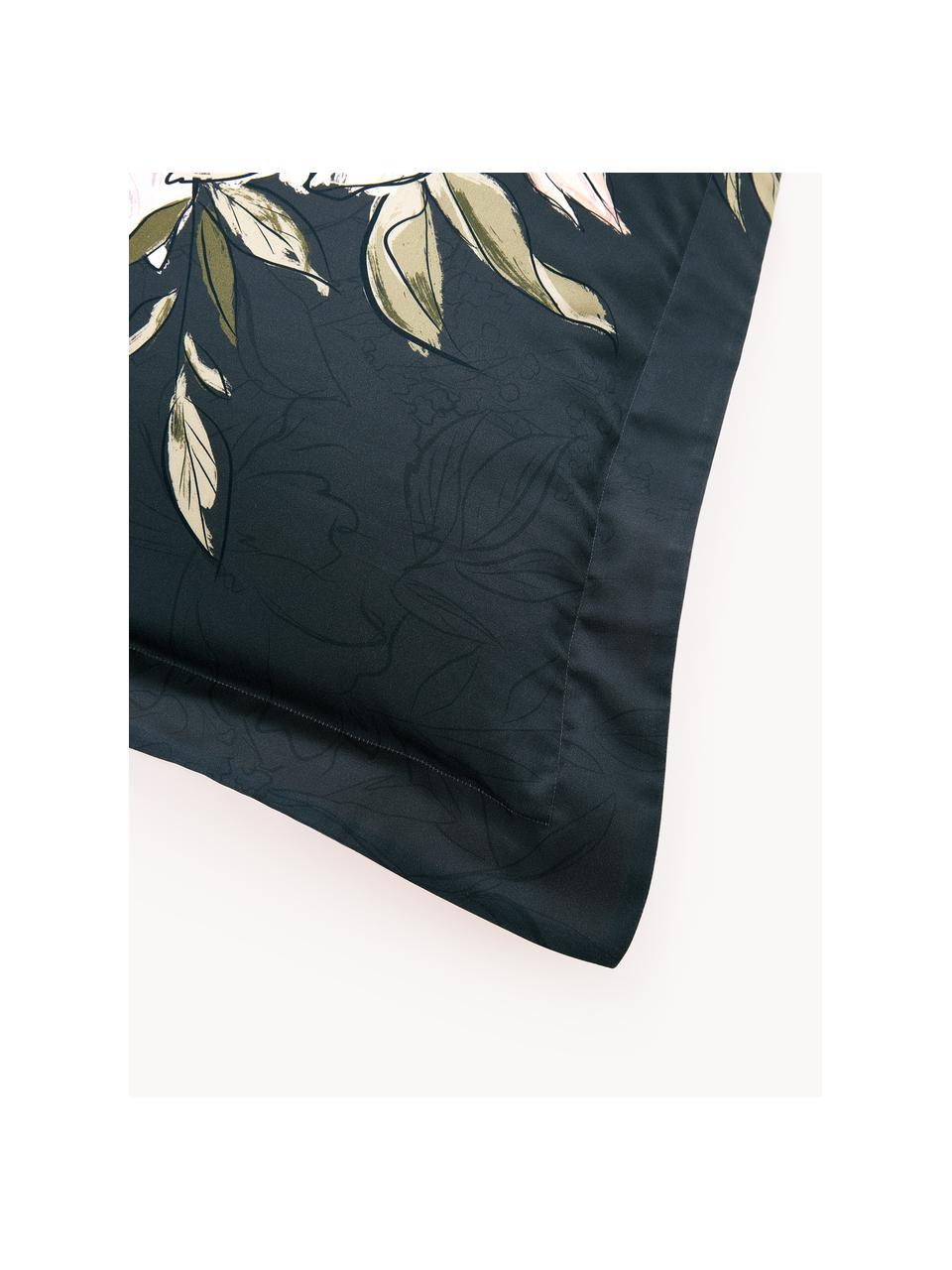 Katoenensatijnen kussenhoes Margot met bloemenprint, Weeftechniek: satijn Draaddichtheid 210, Donkerblauw, lichtbeige, B 60 x L 70 cm