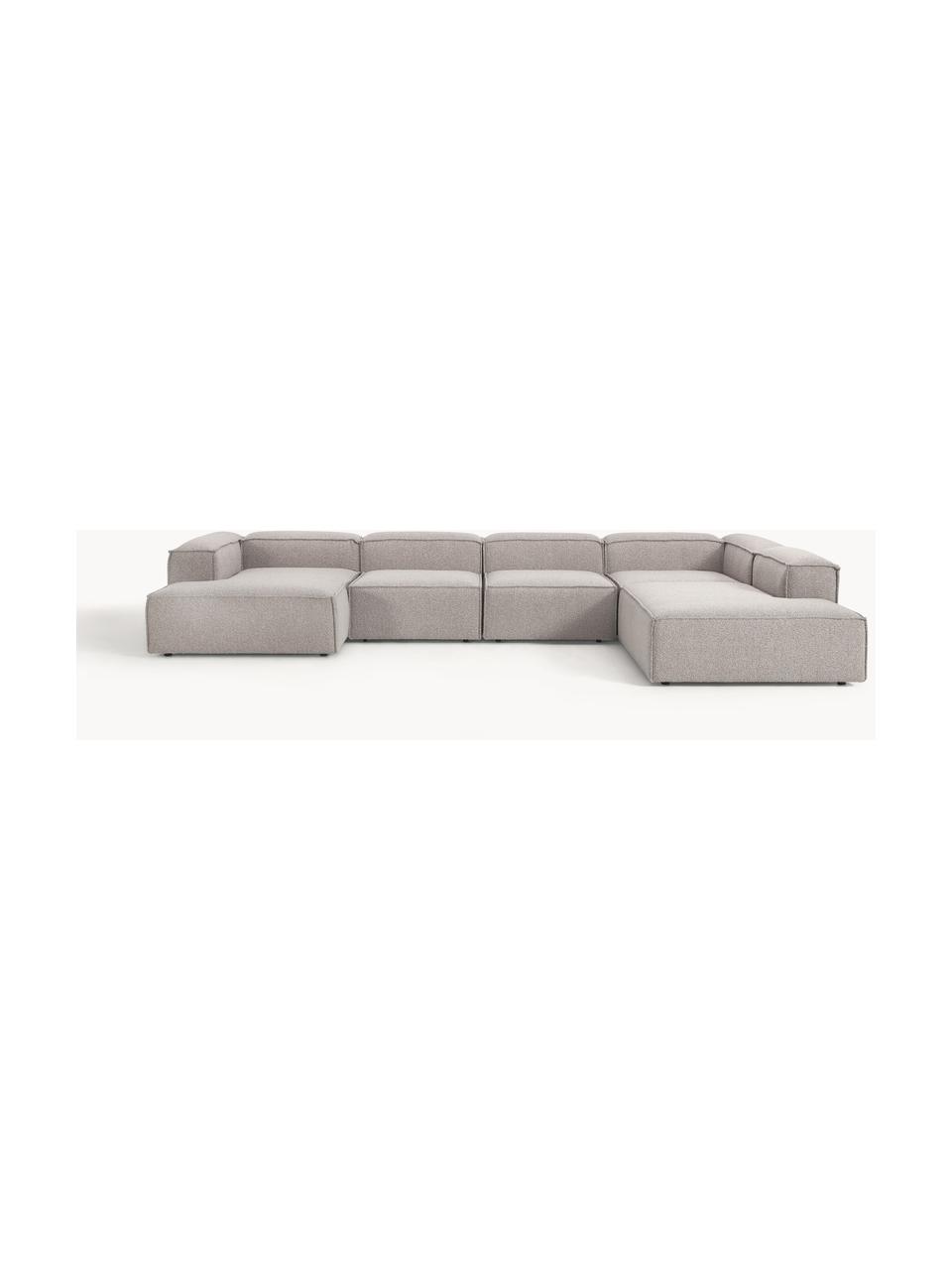 Divano ampio componibile in bouclé Lennon, Rivestimento: bouclé (100% poliestere) , Struttura: legno di pino massiccio, , Piedini: plastica Questo prodotto , Bouclé taupe, Larg. 418 x Prof. 269 cm, chaise longue a destra