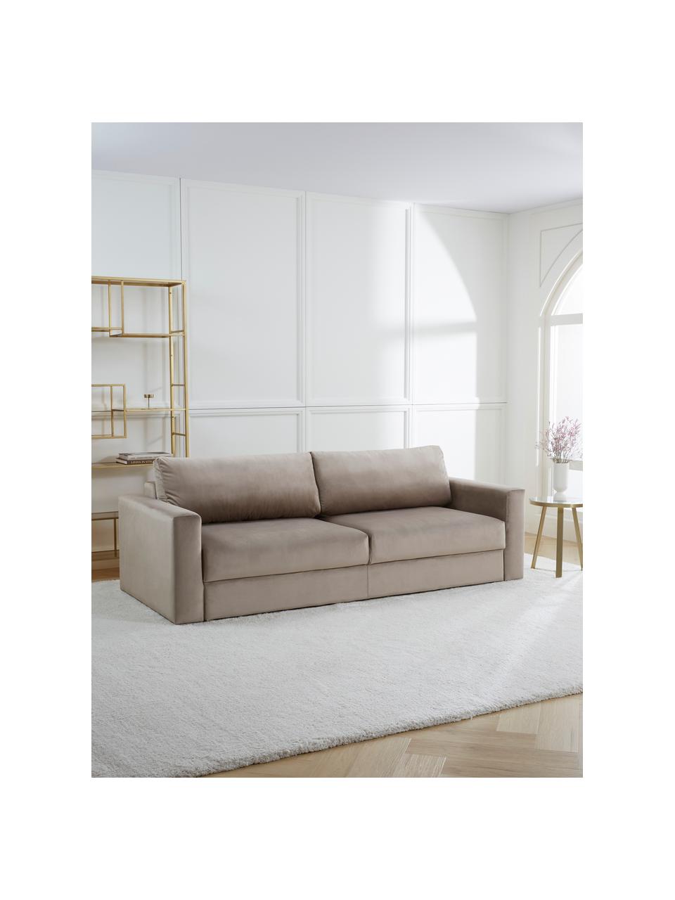 Divano letto 3 posti in velluto  con contenitore Tasha, Rivestimento: velluto (100% poliestere), Struttura: legno di pino massiccio, , Piedini: plastica Questo prodotto , Velluto taupe, Larg. 235 x Prof. 100 cm