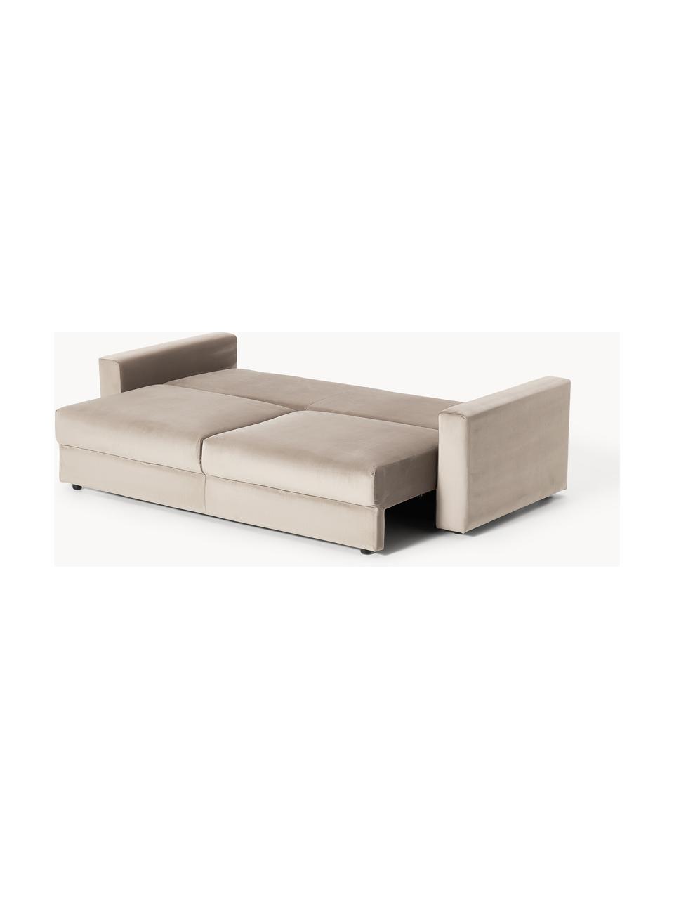 Sofá cama de terciopelo Tasha (3 plazas), con espacio de almacenamiento, Tapizado: terciopelo (100% poliéste, Estructura: madera de pino maciza, ma, Patas: plástico Este producto es, Terciopelo gris pardo, An 235 x F 100 cm