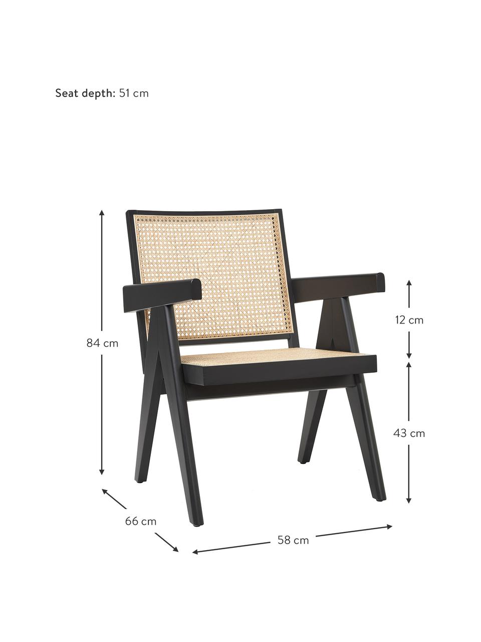 Lounge fauteuil Sissi met Weens vlechtwerk, Frame: massief eikenhout, Zitvlak: rotan, Rotan, zwart, B 58 x D 66 cm