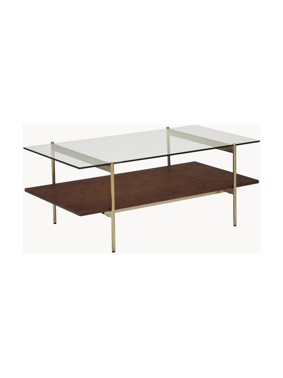 Mesa de centro Valentina, tablero de vidrio, Tablero: vidrio tintado negro, Estante: tablero de fibra de densi, Estructura: metal galvanizado, Chapa de madera de fresno pintado en marrón, An 100 x F 53 cm